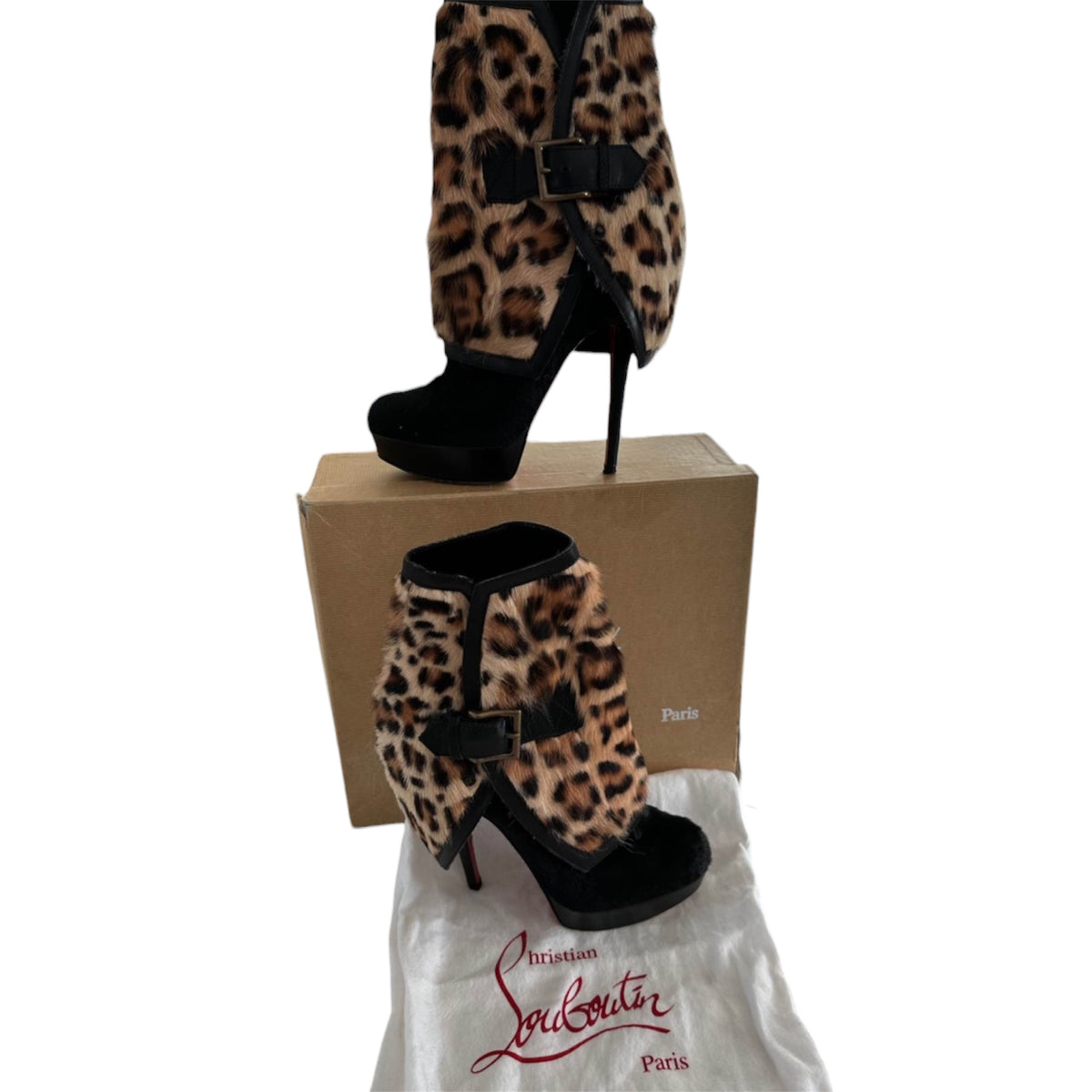 Christian Louboutin Leopard Pony Hair Platform Stiletto Ankle Boots
