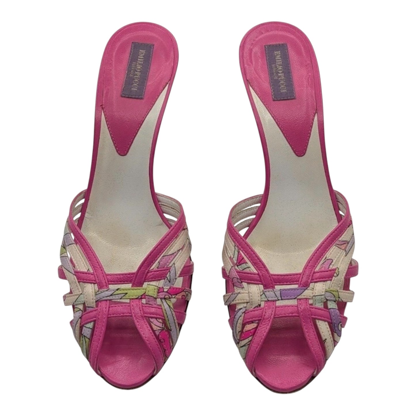 Emilio Pucci Pink Leather Print Kitten Heel Mules