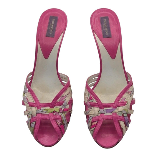 Emilio Pucci Pink Leather Print Kitten Heel Mules