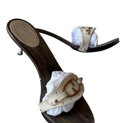 Vintage Gucci Tom Ford Era GG Suede Wooden Heel Sandals