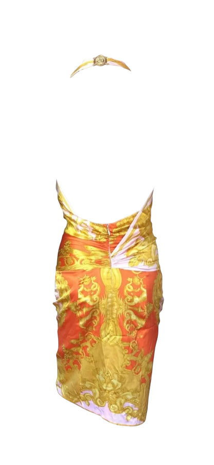 Vintage Versace Baroque Silk Halter Dress – Runway Inspired Gold & Orange