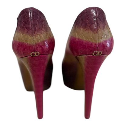 Christian Dior Pink Snakeskin-Pattern Peep-Toe Platform Pumps