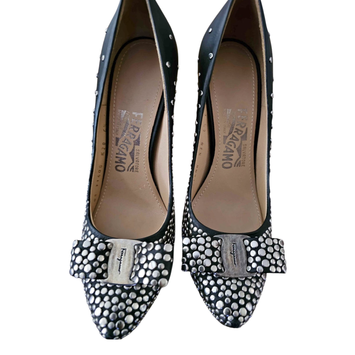 Salvatore Ferragamo Black Studded Vara Bow Pumps