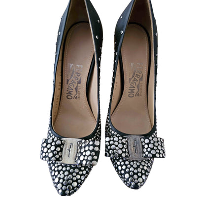 Salvatore Ferragamo Black Studded Vara Bow Pumps