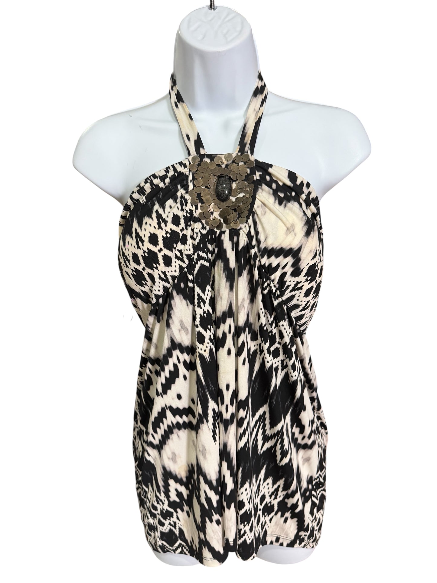 Y2K Halter Print Top – Black & Cream Statement Blouse