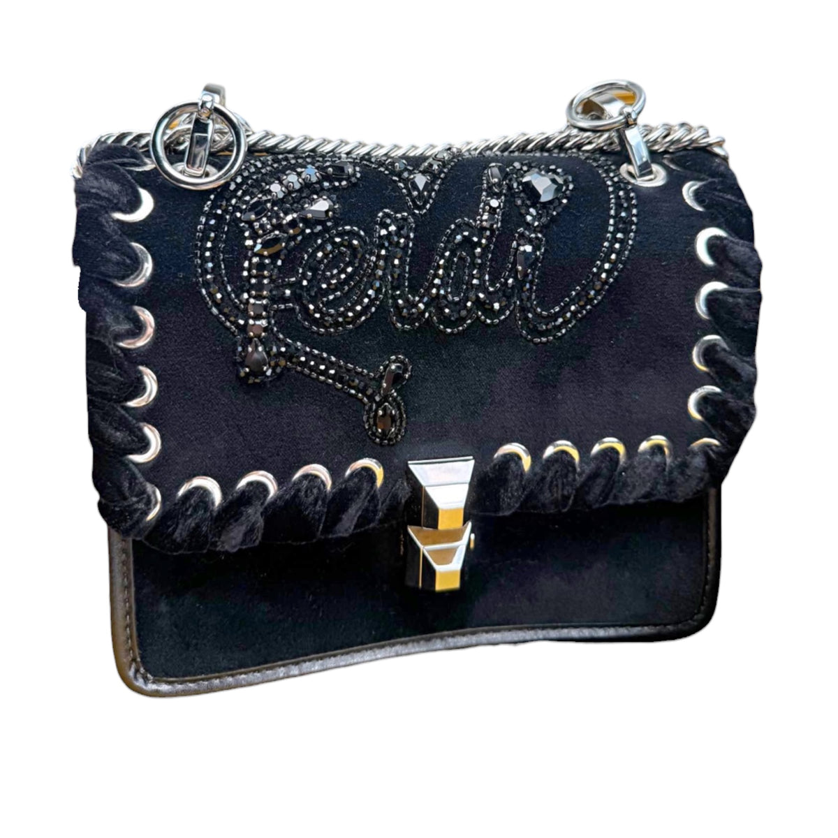 Fendi Black Velvet Crystal Logo Small Kan I Bag