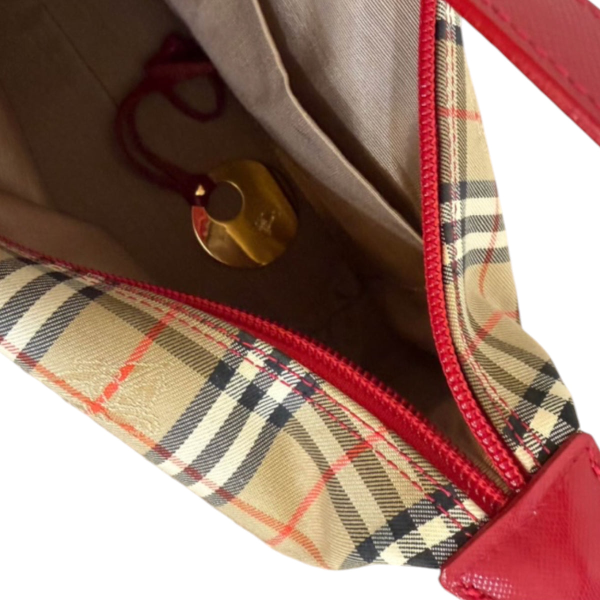 Burberry Nova Check Shoulder Bag with Red Leather Trim