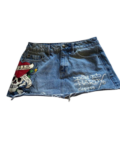 Y2K Ed Hardy Skull Heart Tattoo Denim Mini Skirt