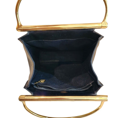 Gucci Snaggle Horsebit Top Handle Leather Bag – Black & Gold Web Stripe Rare 1985