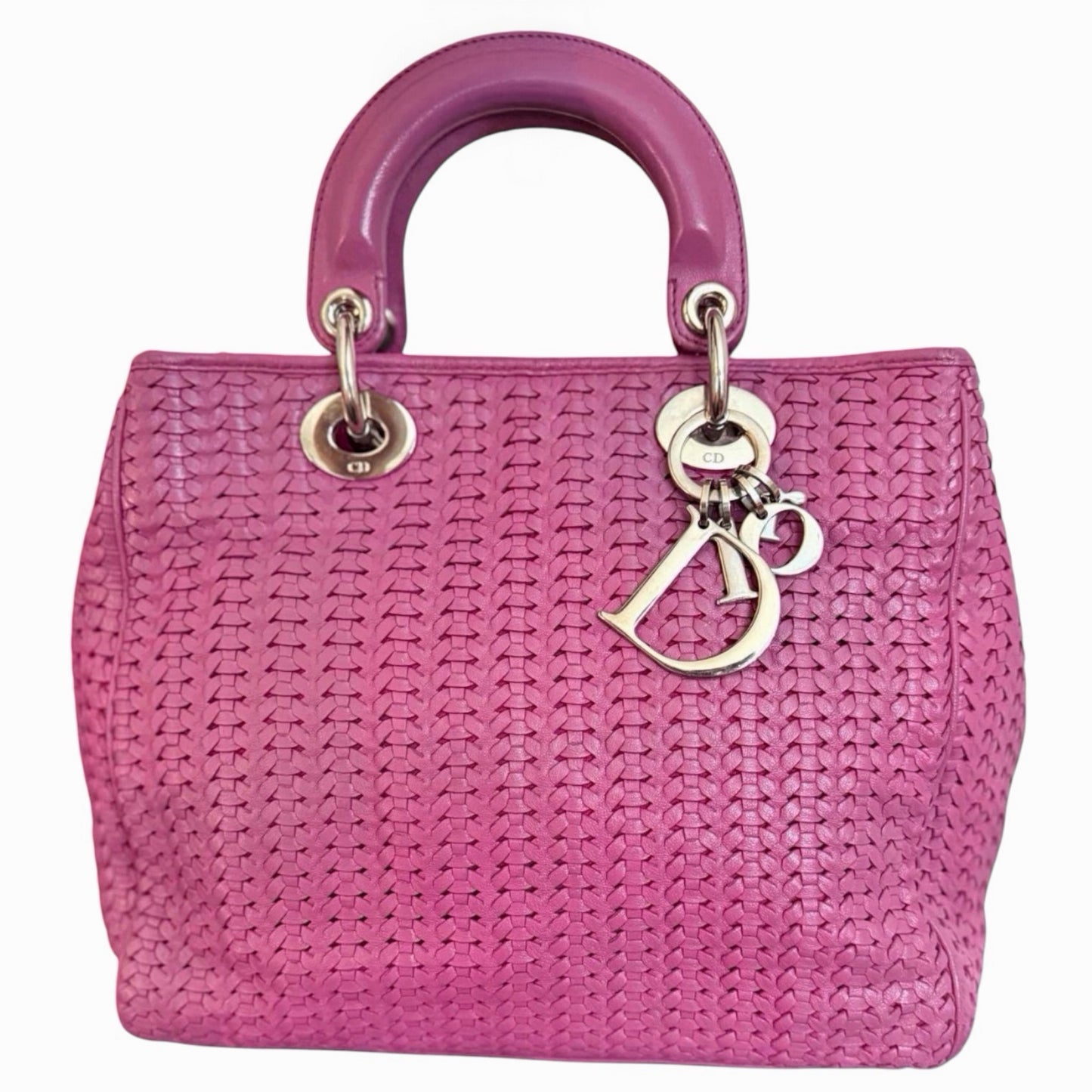 Rare Christian Dior Woven Lady Dior Tote in Fuchsia Pink