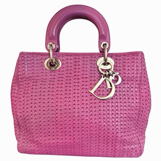 Rare Christian Dior Woven Lady Dior Tote in Fuchsia Pink