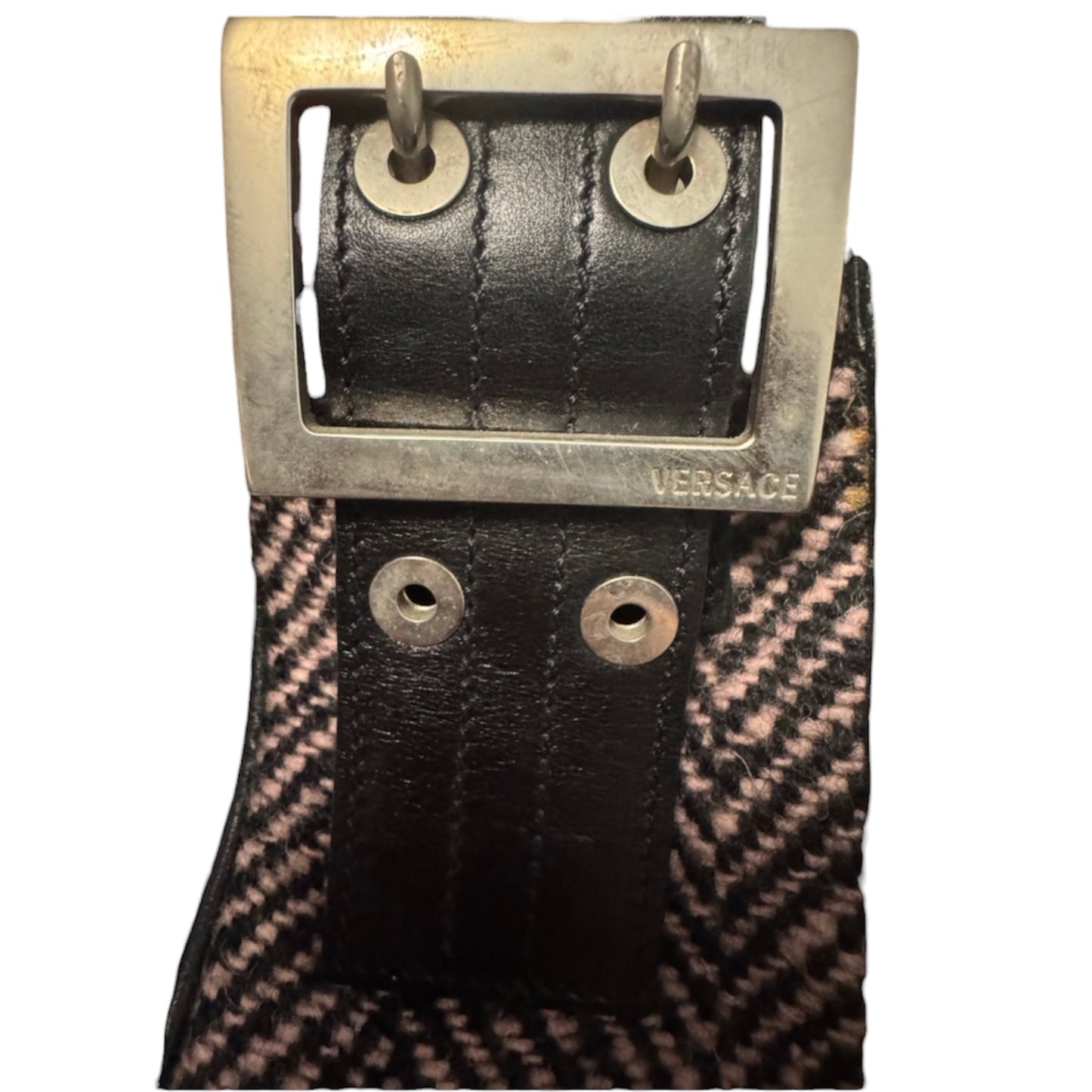 Versace Black Leather & Pink Herringbone Barrel Bag