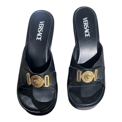 Versace Black Leather Medusa Platform Mules