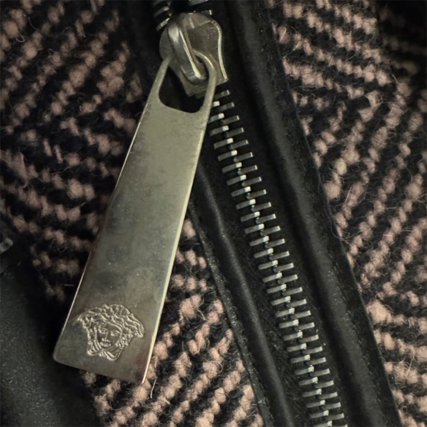 Versace Black Leather & Pink Herringbone Barrel Bag