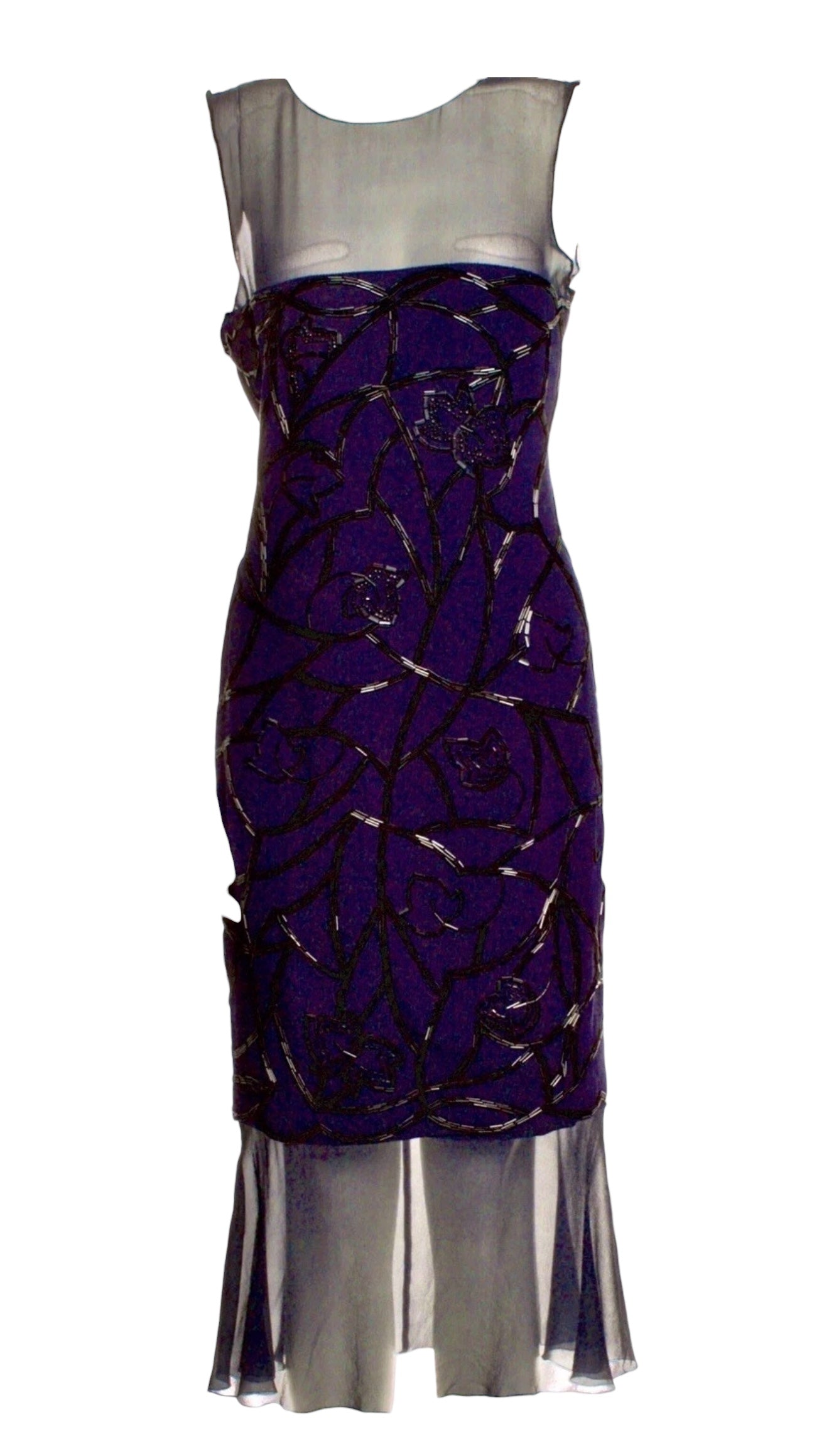Vintage Chanel 1997 Beaded Midi Dress – Sheer Silk Overlay Purple Black