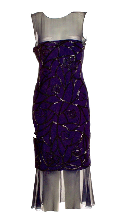 Vintage Chanel 1997 Beaded Midi Dress – Sheer Silk Overlay Purple Black
