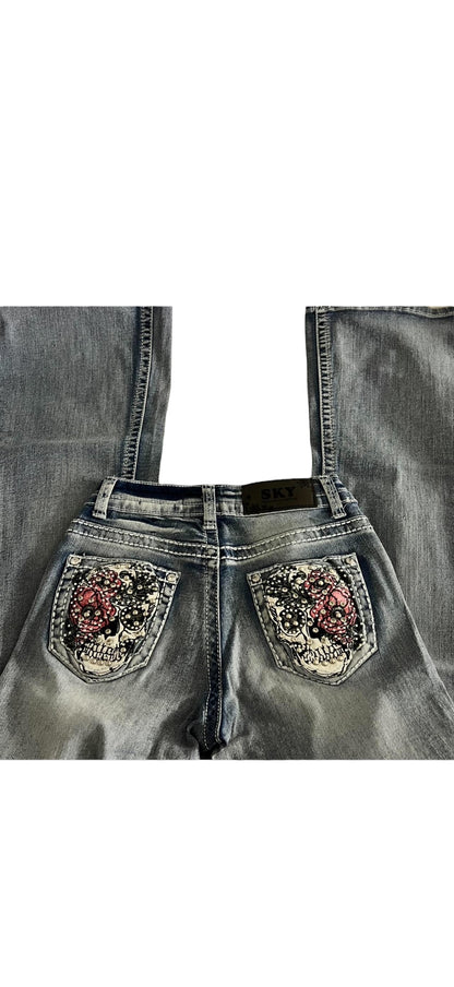 Skull Embellished Low Rise Bootcut Jeans