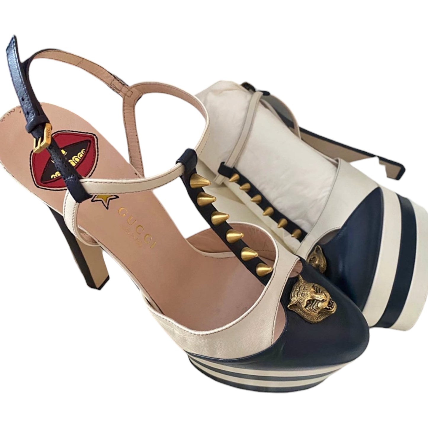 Gucci Charlotte Nappa Platform Slingback Heels – White & Navy Tiger Head