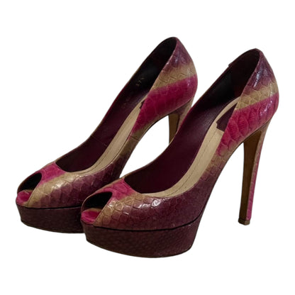 Christian Dior Pink Snakeskin-Pattern Peep-Toe Platform Pumps