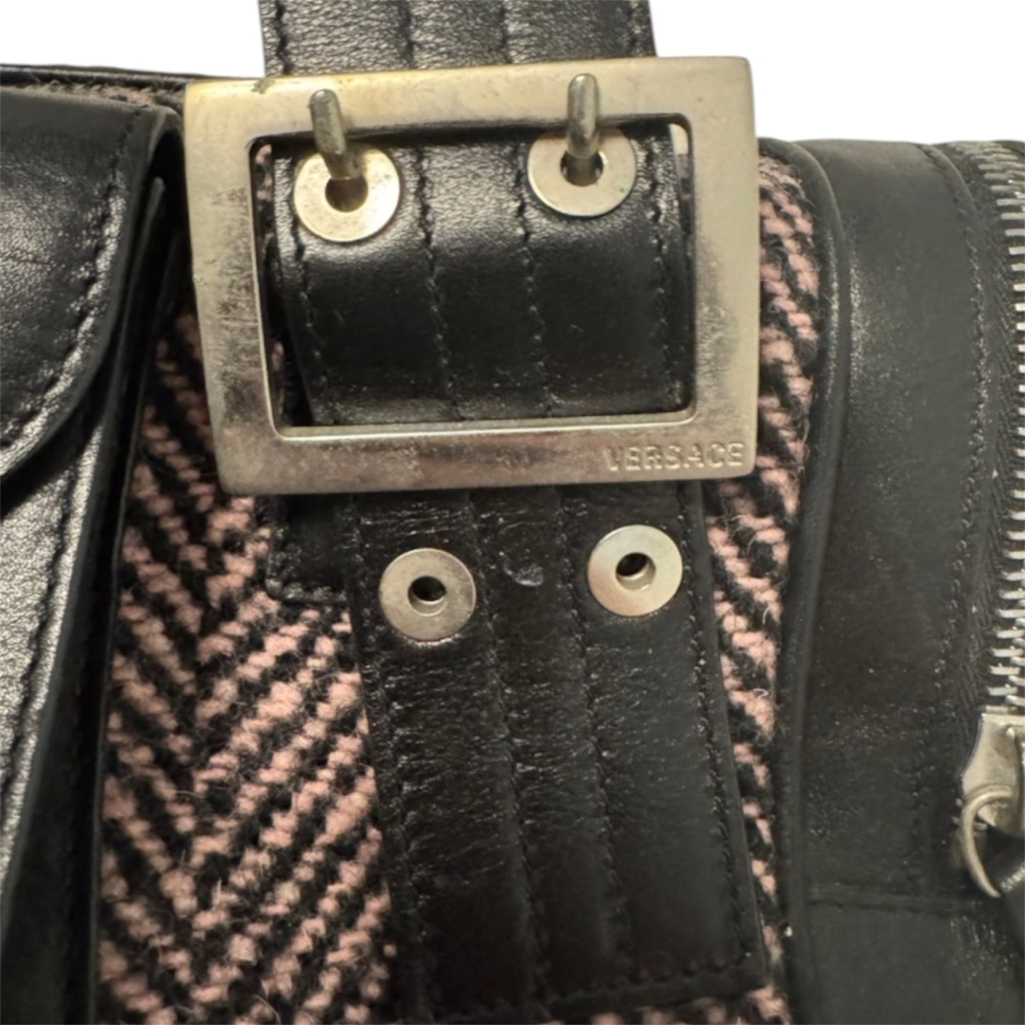 Versace Black Leather & Pink Herringbone Barrel Bag
