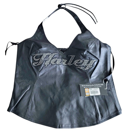 Harley Davidson Leather Rhinestone Halter Top Y2K Biker