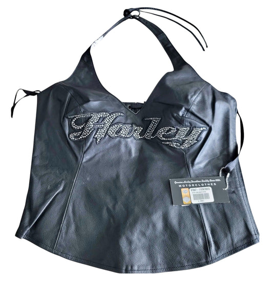 Harley Davidson Leather Rhinestone Halter Top Y2K Biker