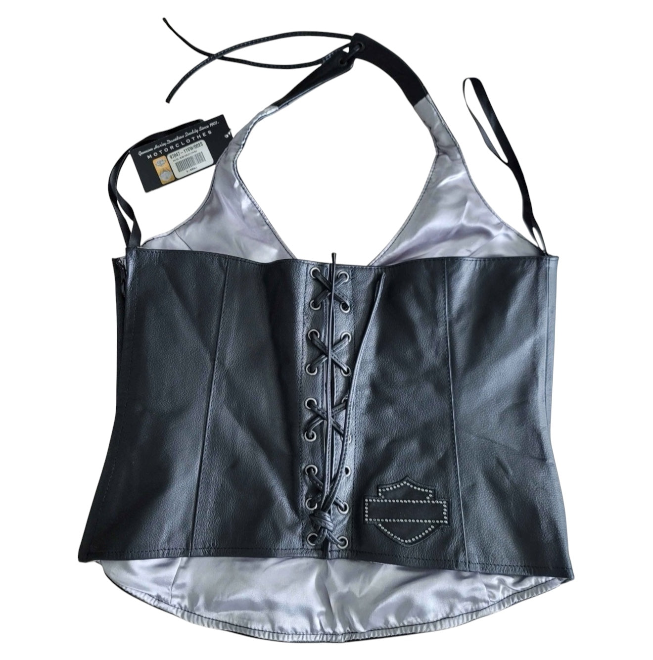 Harley Davidson Leather Rhinestone Halter Top Y2K Biker