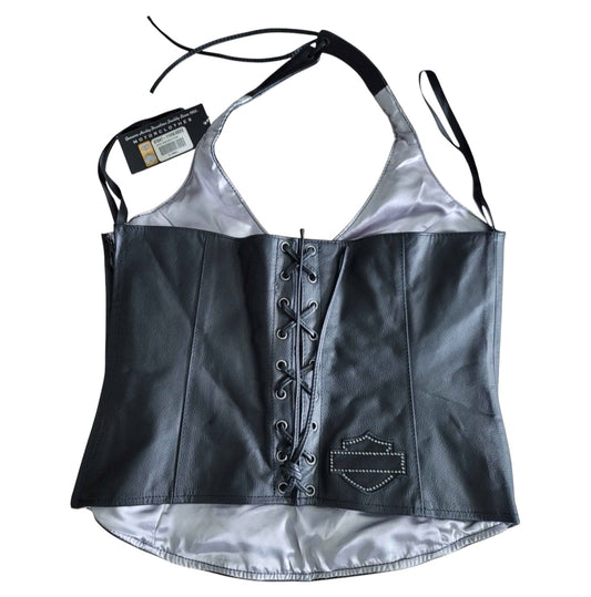 Harley Davidson Leather Rhinestone Halter Top Y2K Biker