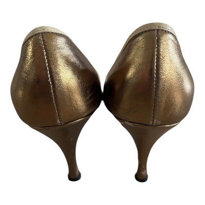 Fendi Metallic Gold Medallion Peep-Toe Pumps
