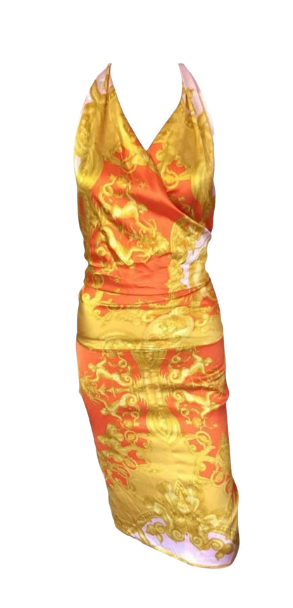 Vintage Versace Baroque Silk Halter Dress – Runway Inspired Gold & Orange