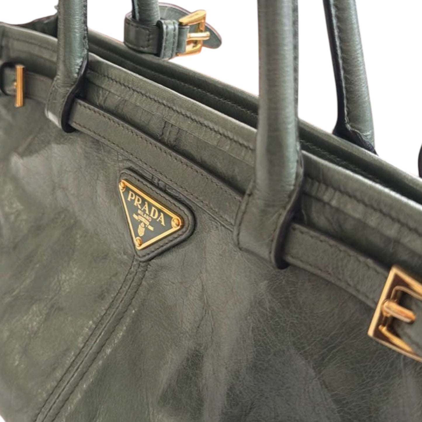 Prada Olive Green Leather Shoulder Tote