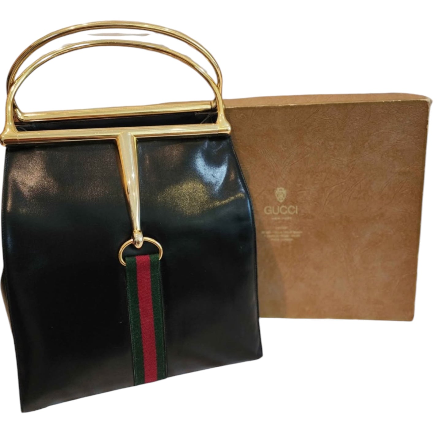 Gucci Snaggle Horsebit Top Handle Leather Bag – Black & Gold Web Stripe Rare 1985