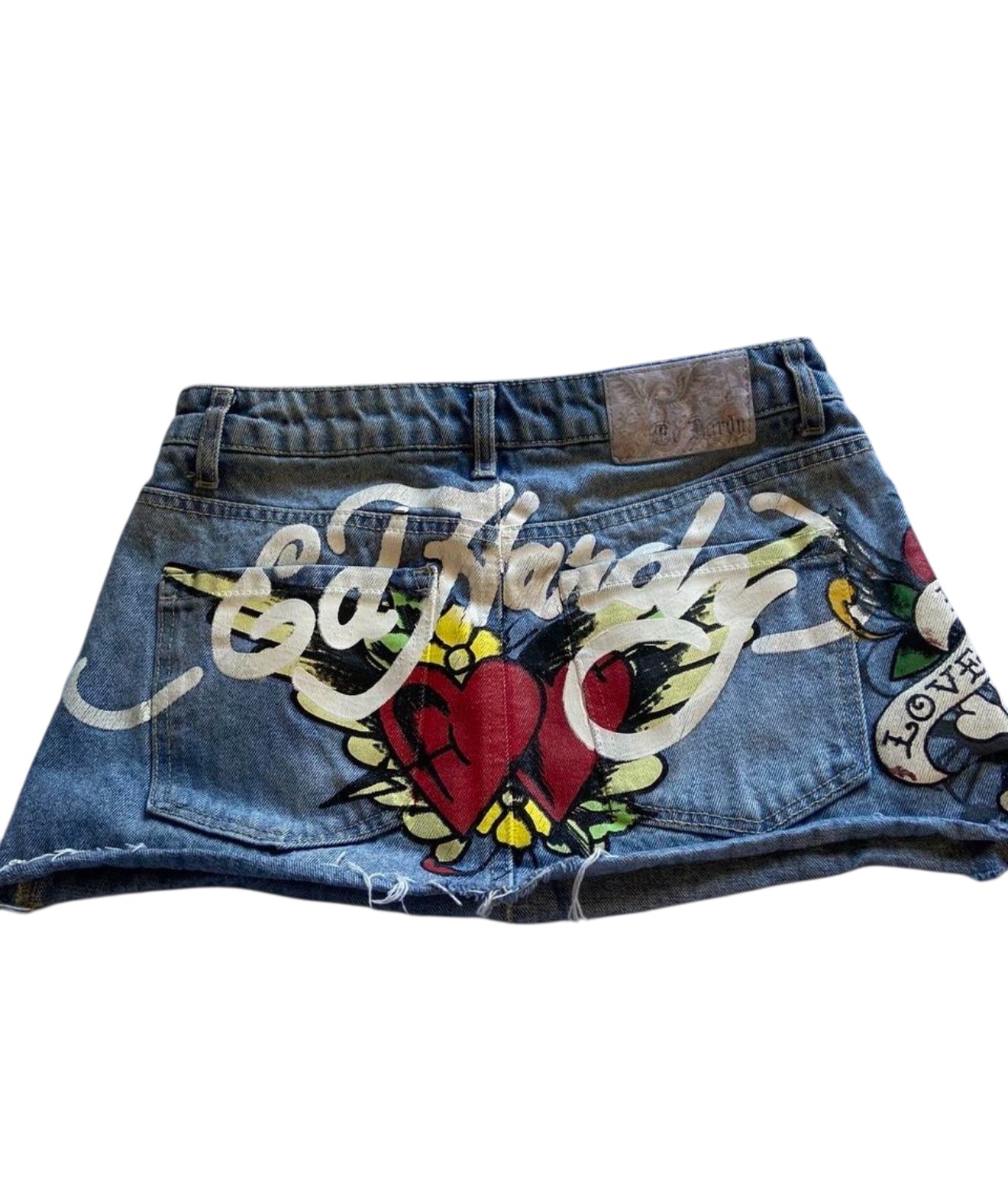 Y2K Ed Hardy Skull Heart Tattoo Denim Mini Skirt