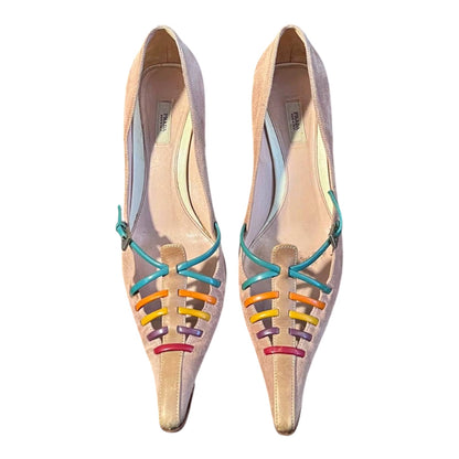 Vintage Prada Rainbow Lace Suede Pointed Slingback Heels