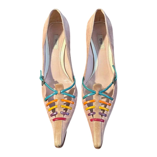 Vintage Prada Rainbow Lace Suede Pointed Slingback Heels
