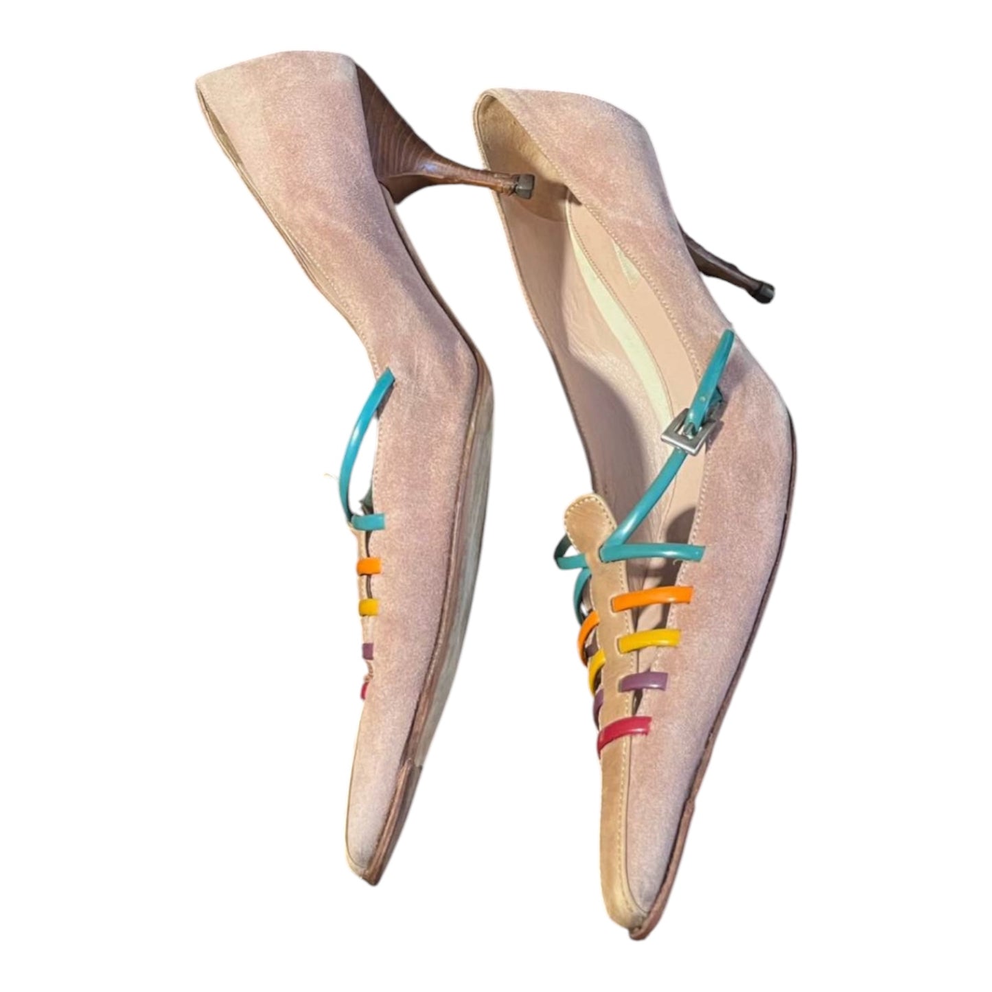 Vintage Prada Rainbow Lace Suede Pointed Slingback Heels