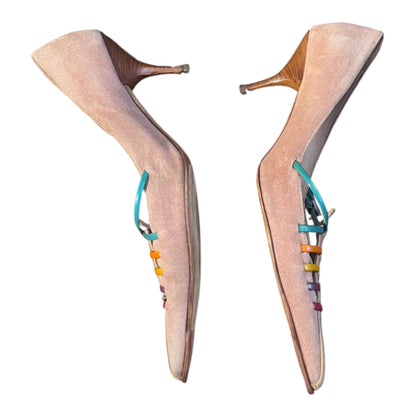 Vintage Prada Rainbow Lace Suede Pointed Slingback Heels
