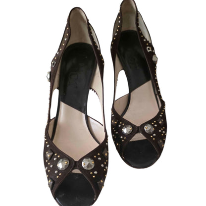 Dior Brown Satin Crystal-Embellished Cutout Pumps