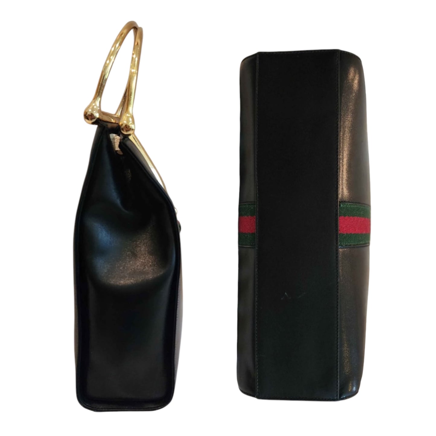 Gucci Snaggle Horsebit Top Handle Leather Bag – Black & Gold Web Stripe Rare 1985