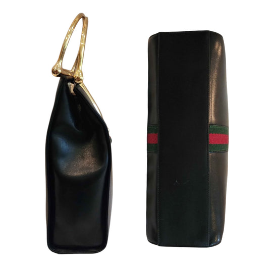 Gucci Snaggle Horsebit Top Handle Leather Bag – Black & Gold Web Stripe Rare 1985