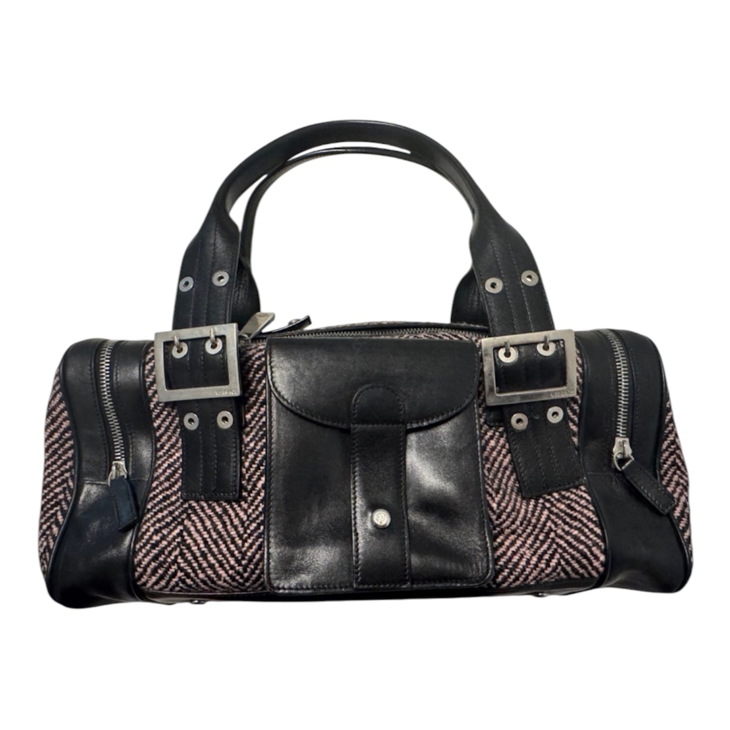 Versace Black Leather & Pink Herringbone Barrel Bag