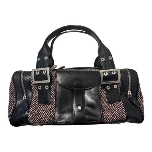 Versace Black Leather & Pink Herringbone Barrel Bag