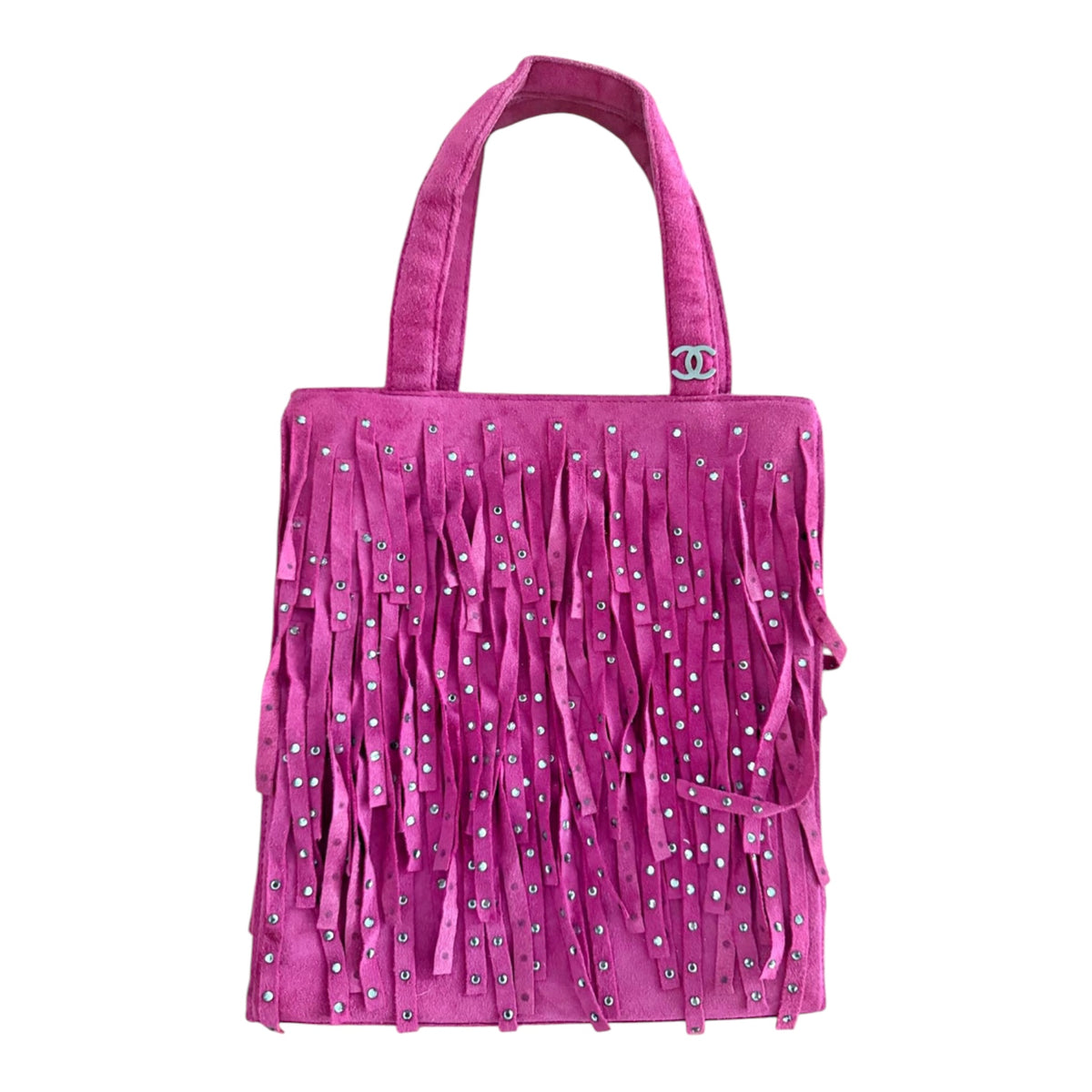 Chanel 2000–2002 Vintage Pink Suede Studded Fringe Mini Tote