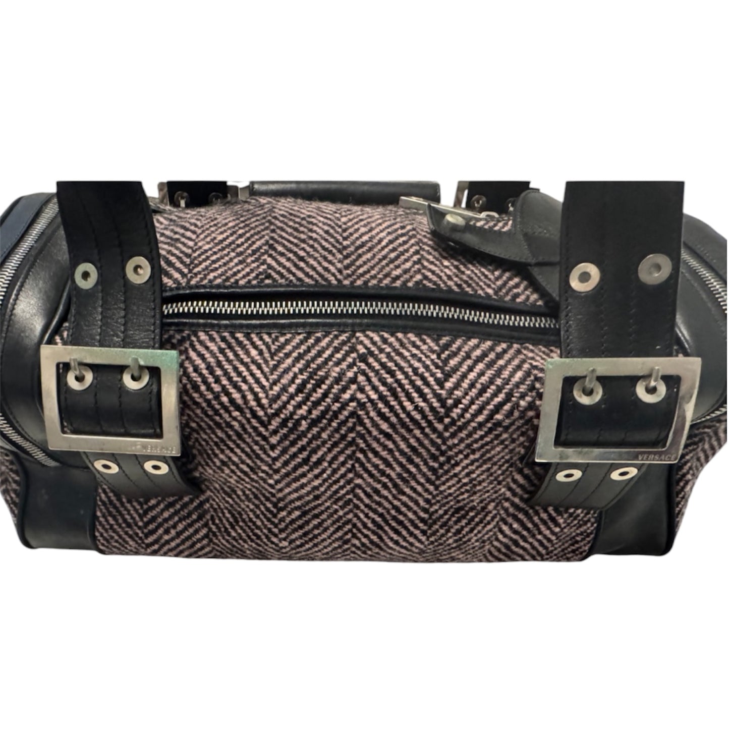 Versace Black Leather & Pink Herringbone Barrel Bag