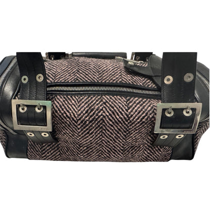 Versace Black Leather & Pink Herringbone Barrel Bag