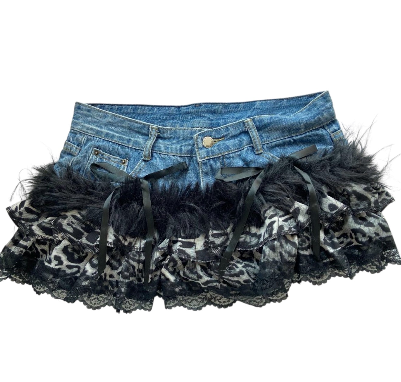 Gothic Denim Feather Lace Mini Skirt