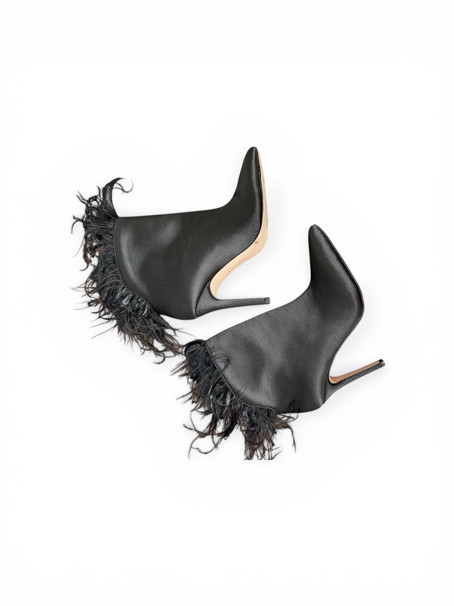 Jessica Simpson Black Satin Feather Trim Stiletto Booties