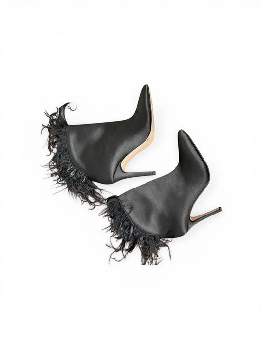 Jessica Simpson Black Satin Feather Trim Stiletto Booties