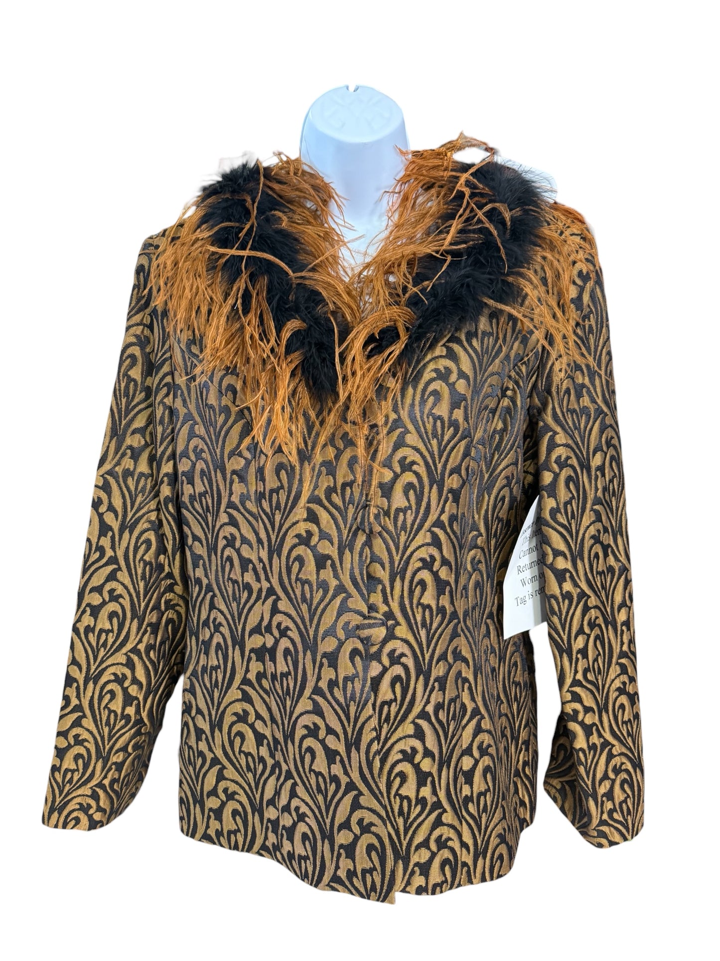 Vintage B. Michael New York Gold & Black Brocade Feather Trim Jacket