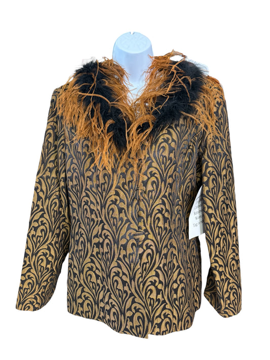 Vintage B. Michael New York Gold & Black Brocade Feather Trim Jacket